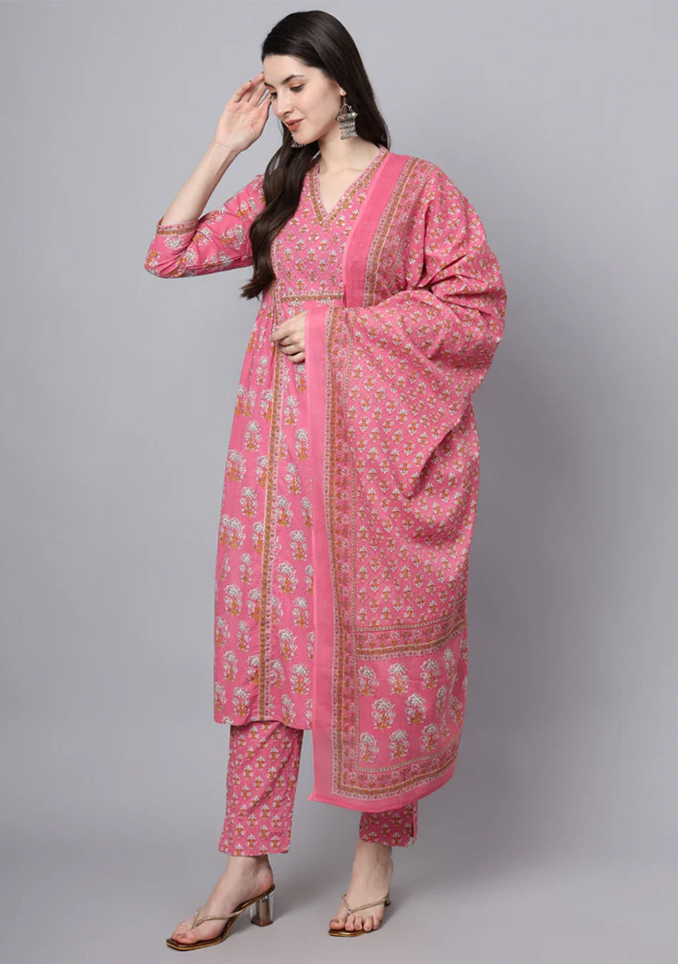 Pink Cotton Printed Sequin Work Kurta Set