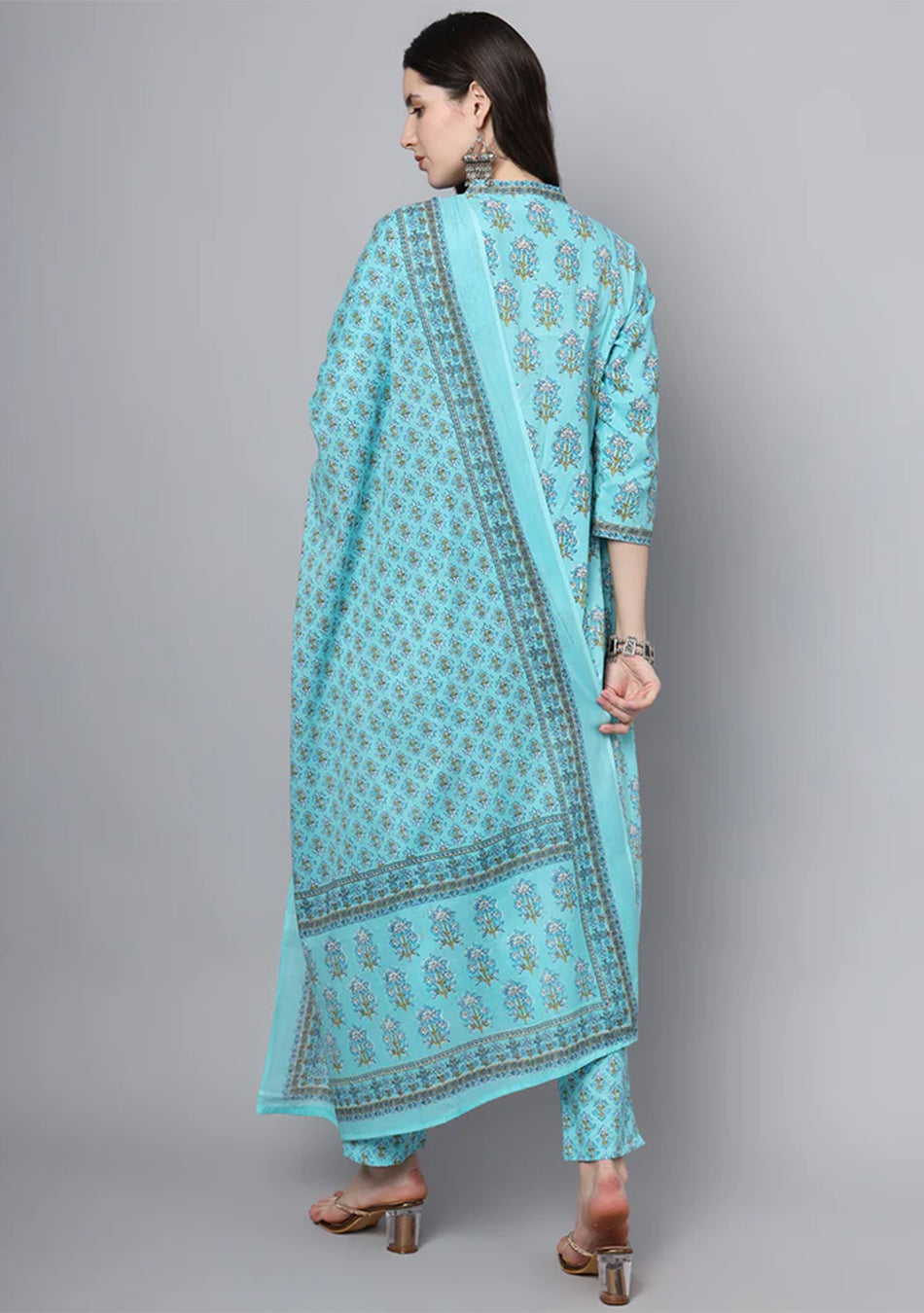 Sky Blue Cotton Printed Sequin Kurta Set
