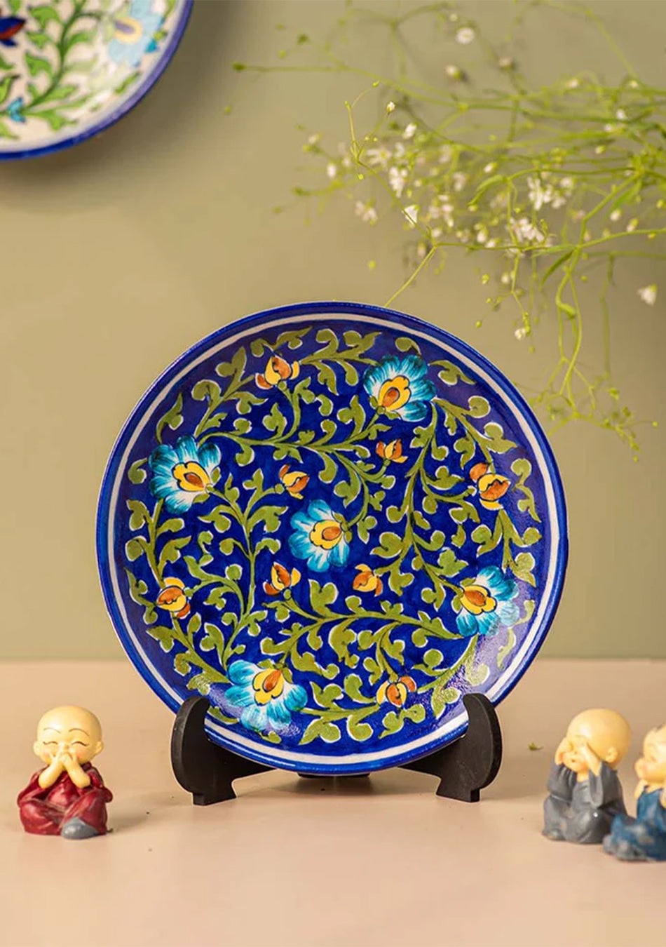 Hand Painted Flowers Blue Pottery Decorative Platter