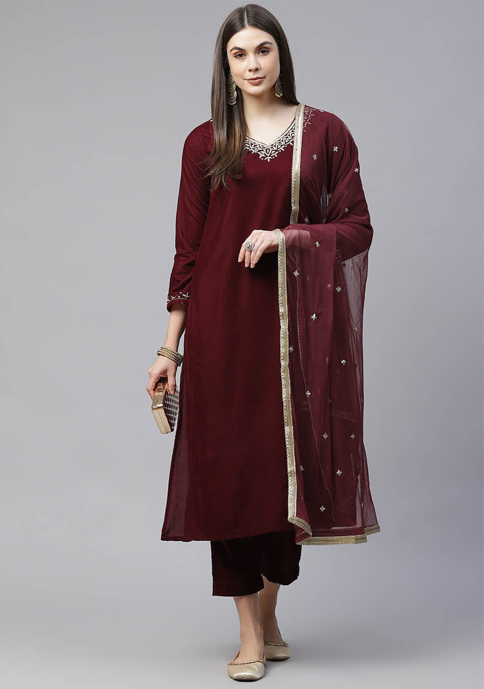 Maroon Velvet Hand Work Kurta Pant With Net Dupatta Set