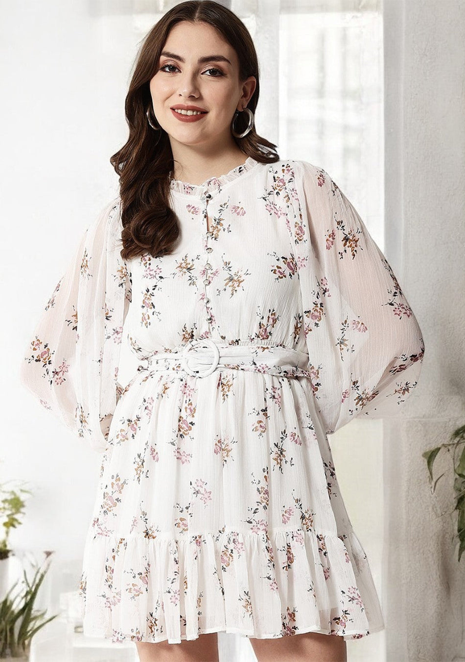 White Floral Ruffle Sleeve Dress