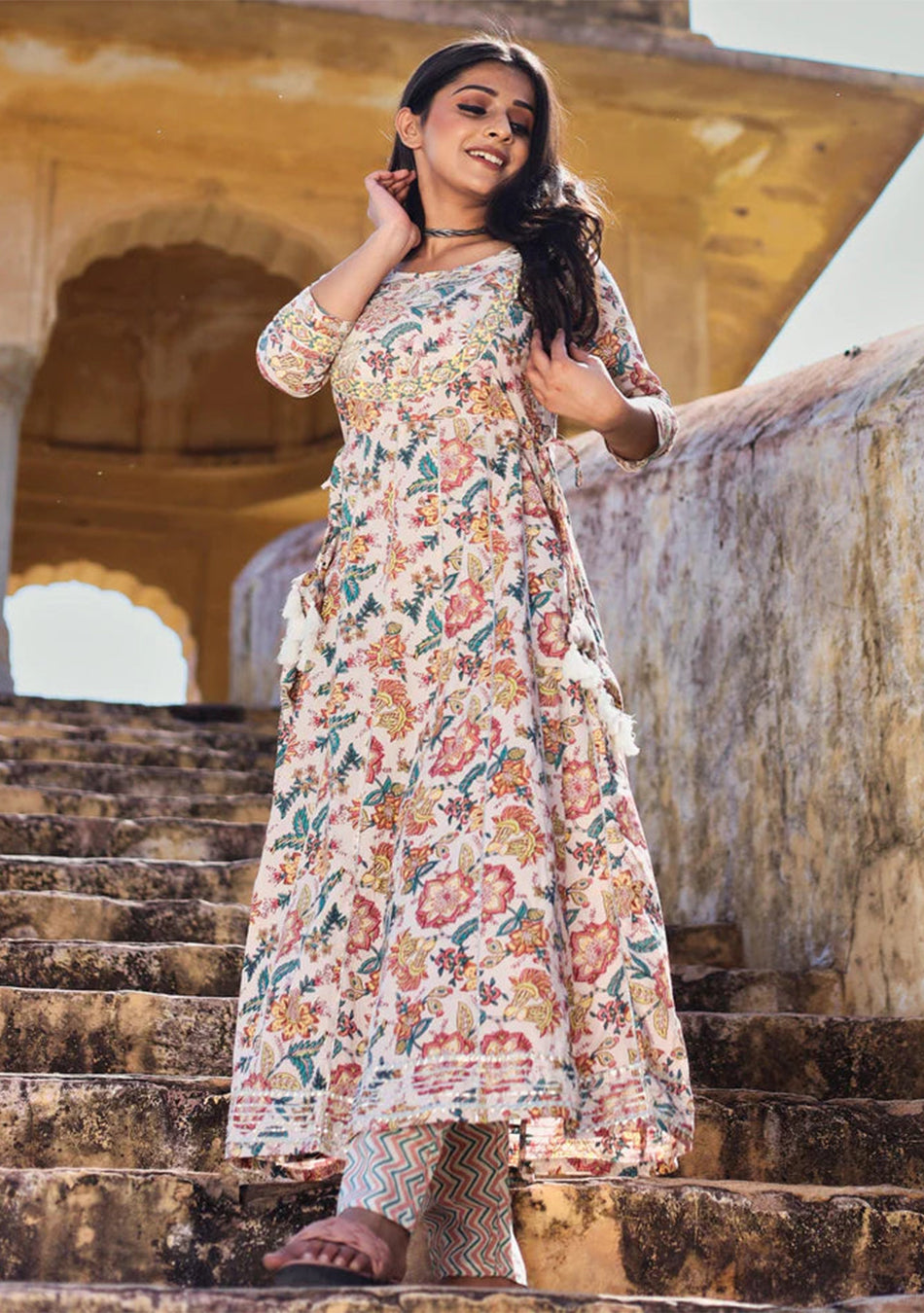Off white Printed Anarkali Kurta Pant Set