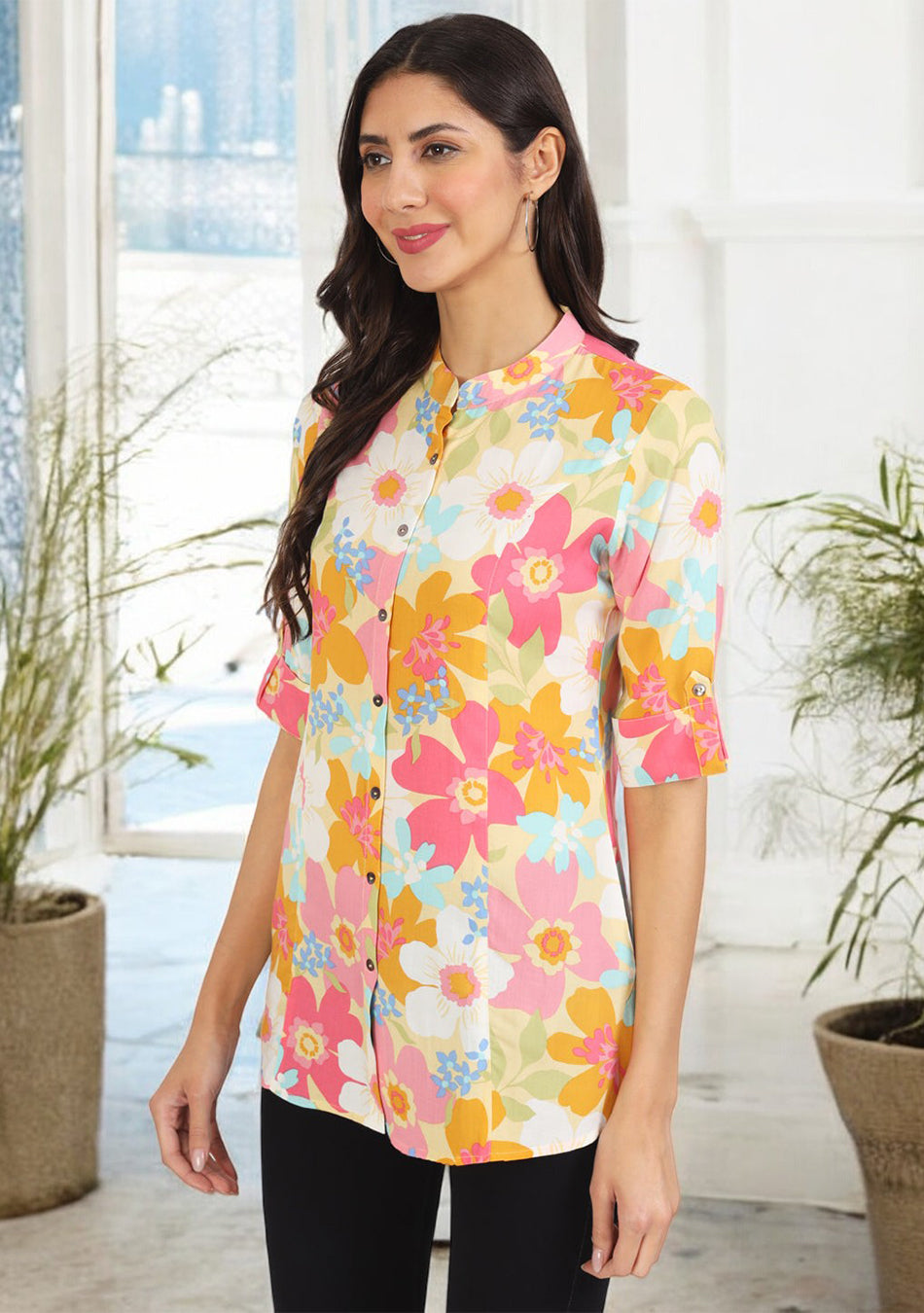 Yellow Floral Printed Fold Sleeve Rayon Top