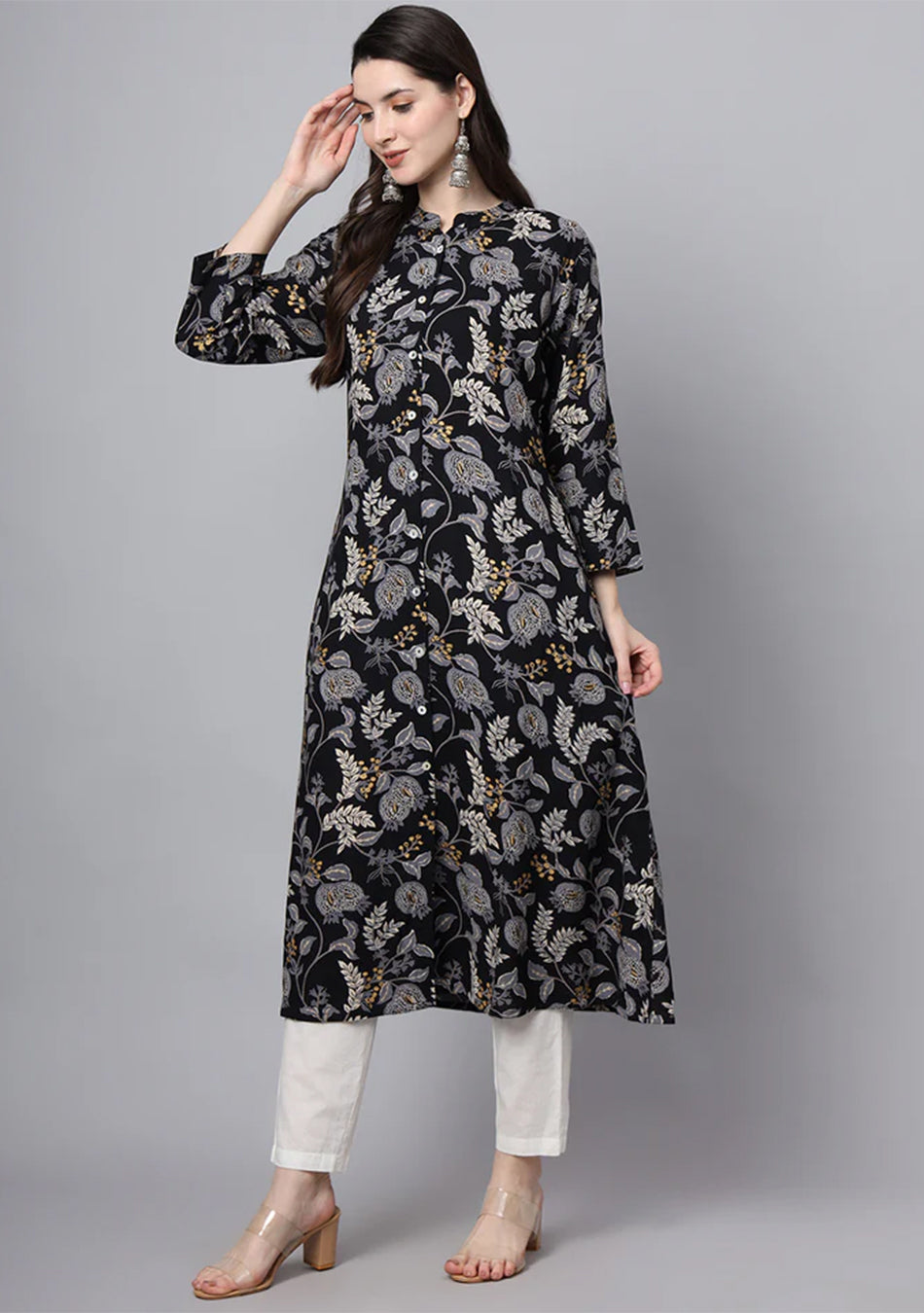 Black Rayon Printed-A-Line Kurta