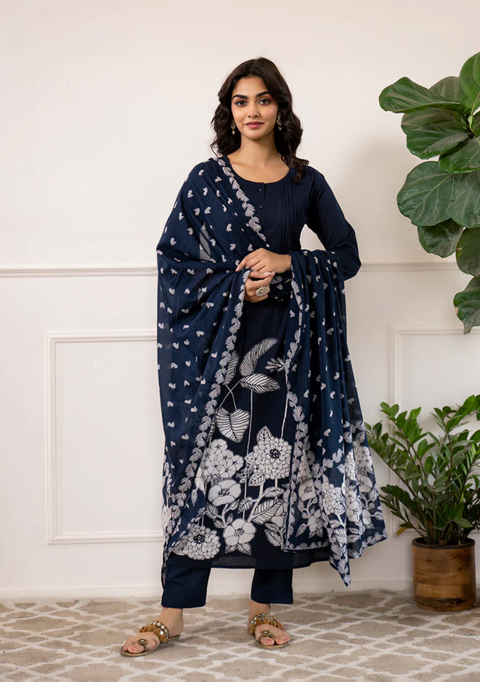 Navy Blue Printed A-Line Cotton Kurta Set