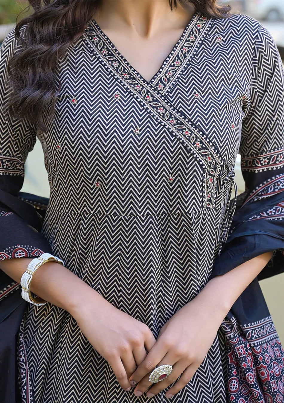 Black Printed Cotton Fabric Anarkali Kurta Pant With Dupatta