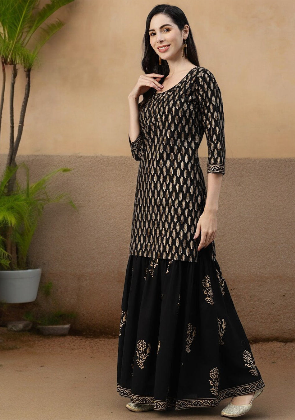 Black Cotton Kurta Sharara Set with Gold Print and Dupatta