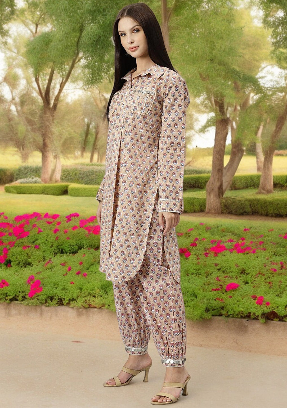 Beige Cotton Shirt Style Kurta Hem Cuffed Pant Co-ord Set