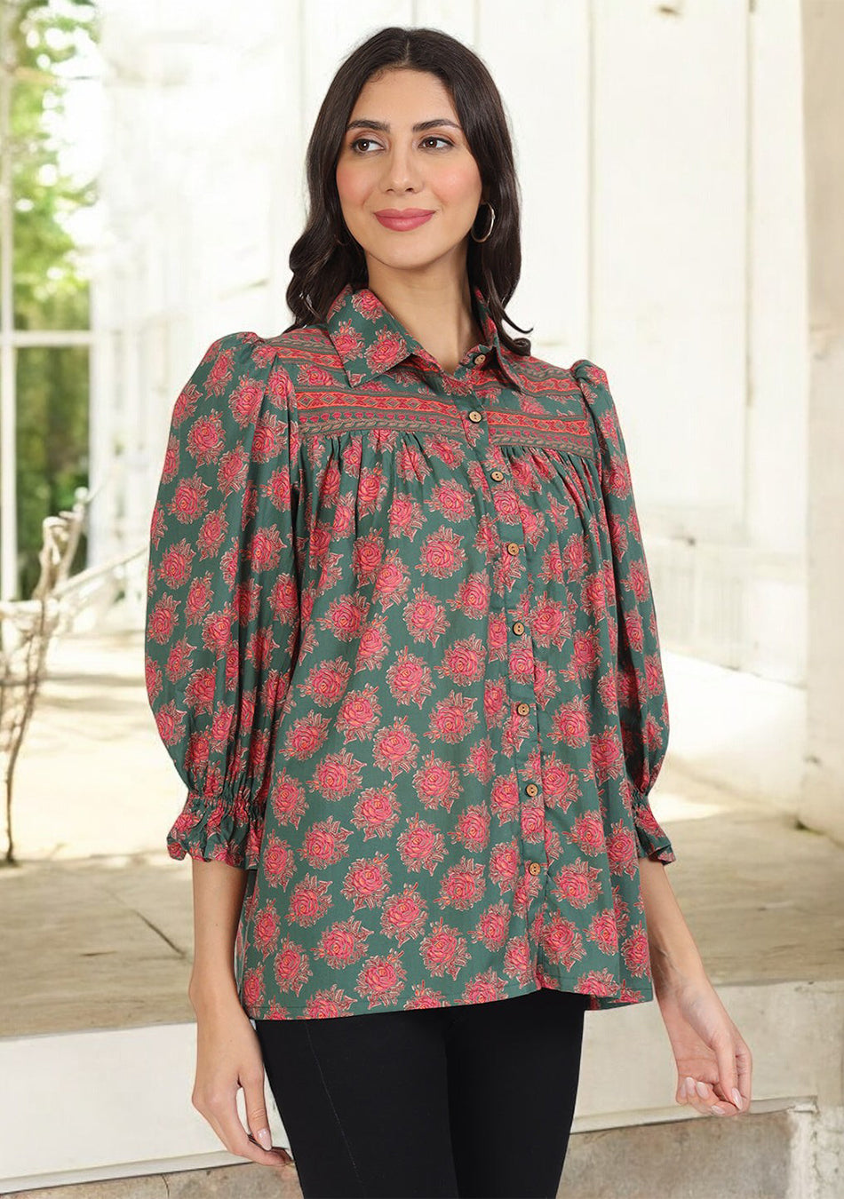 Green Cotton Peplum FitCollar Neck top for Women