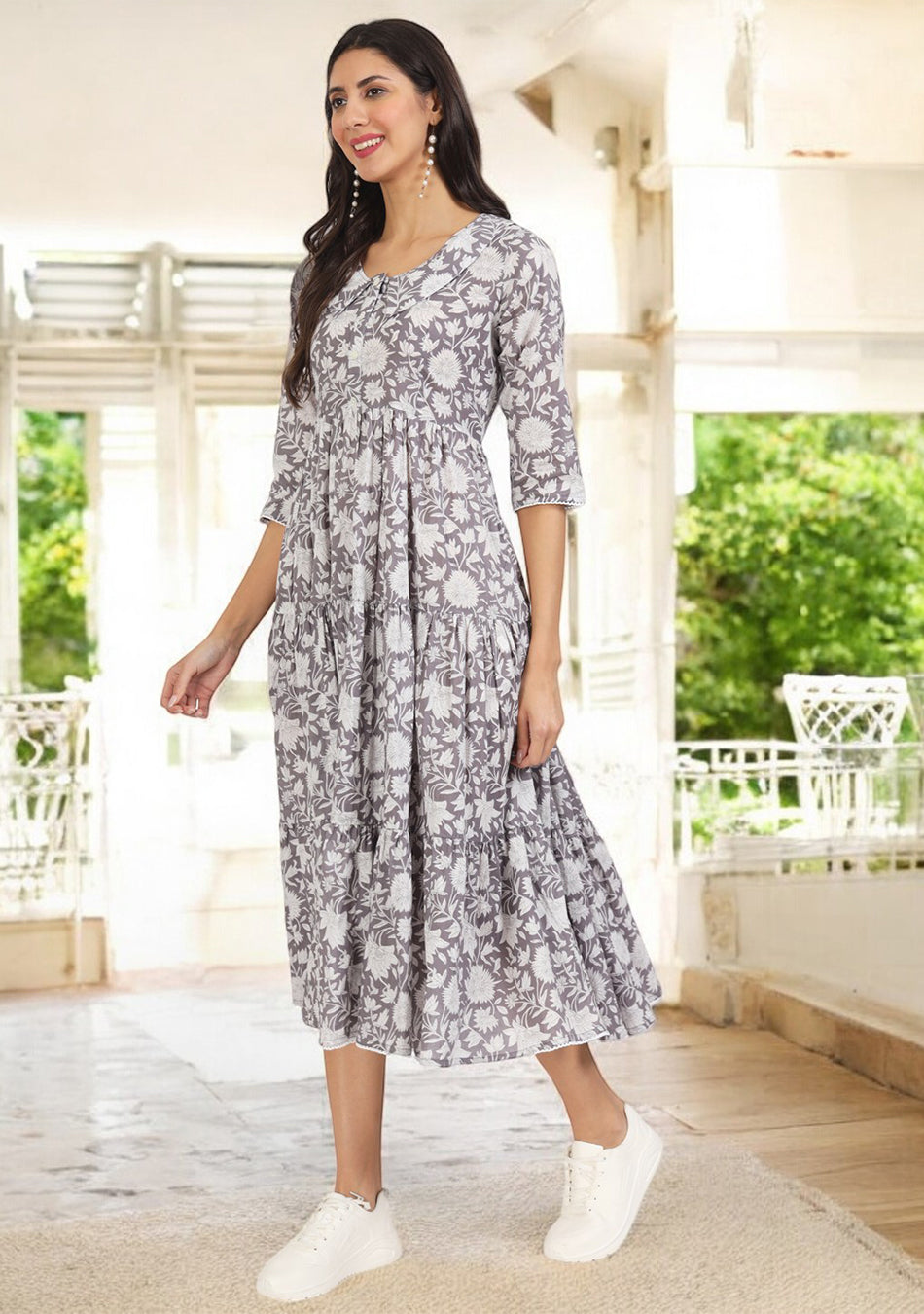 Grey Floral Printed Cotton Dress