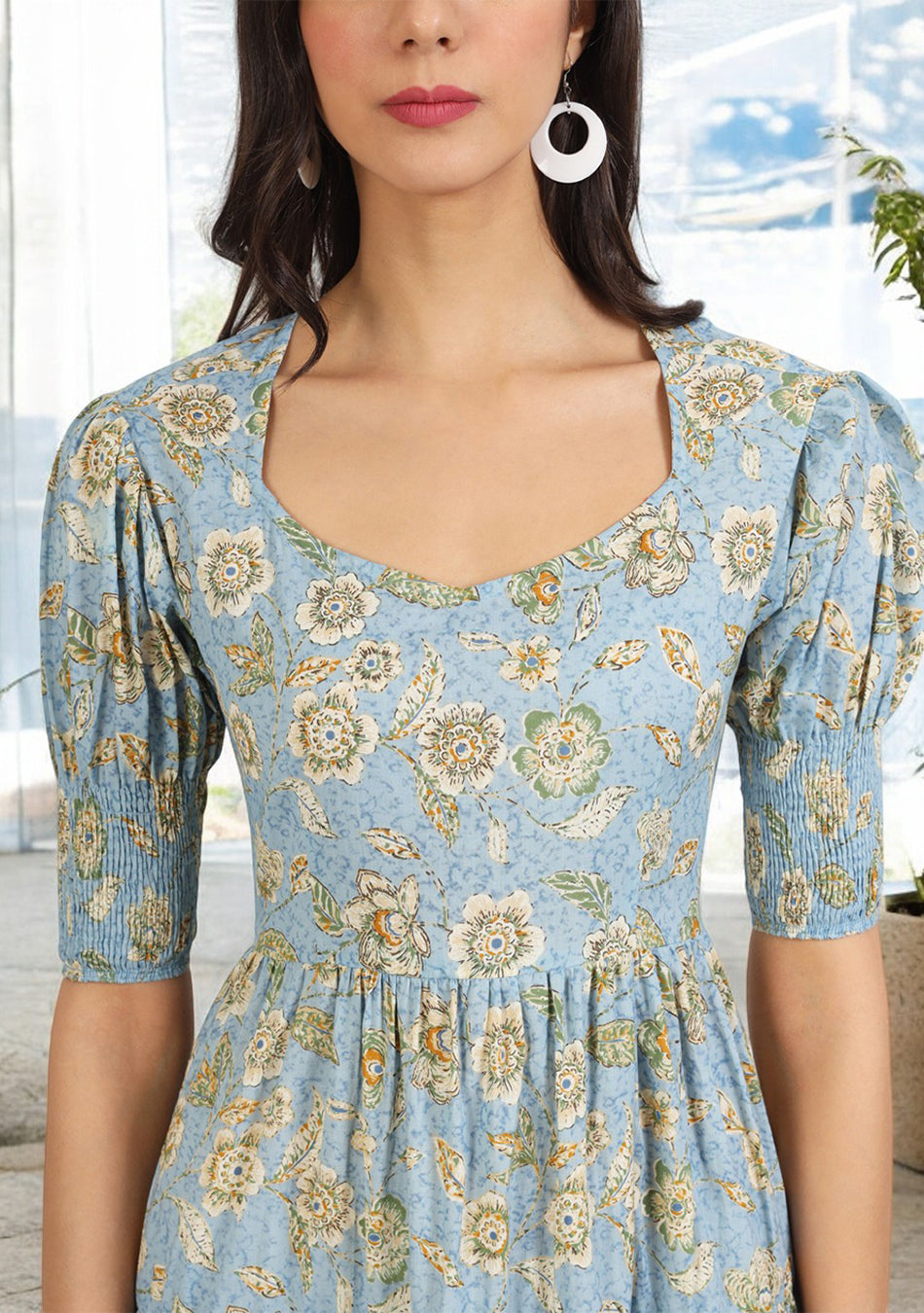 Sky Blue Floral Printed Calf length Dress