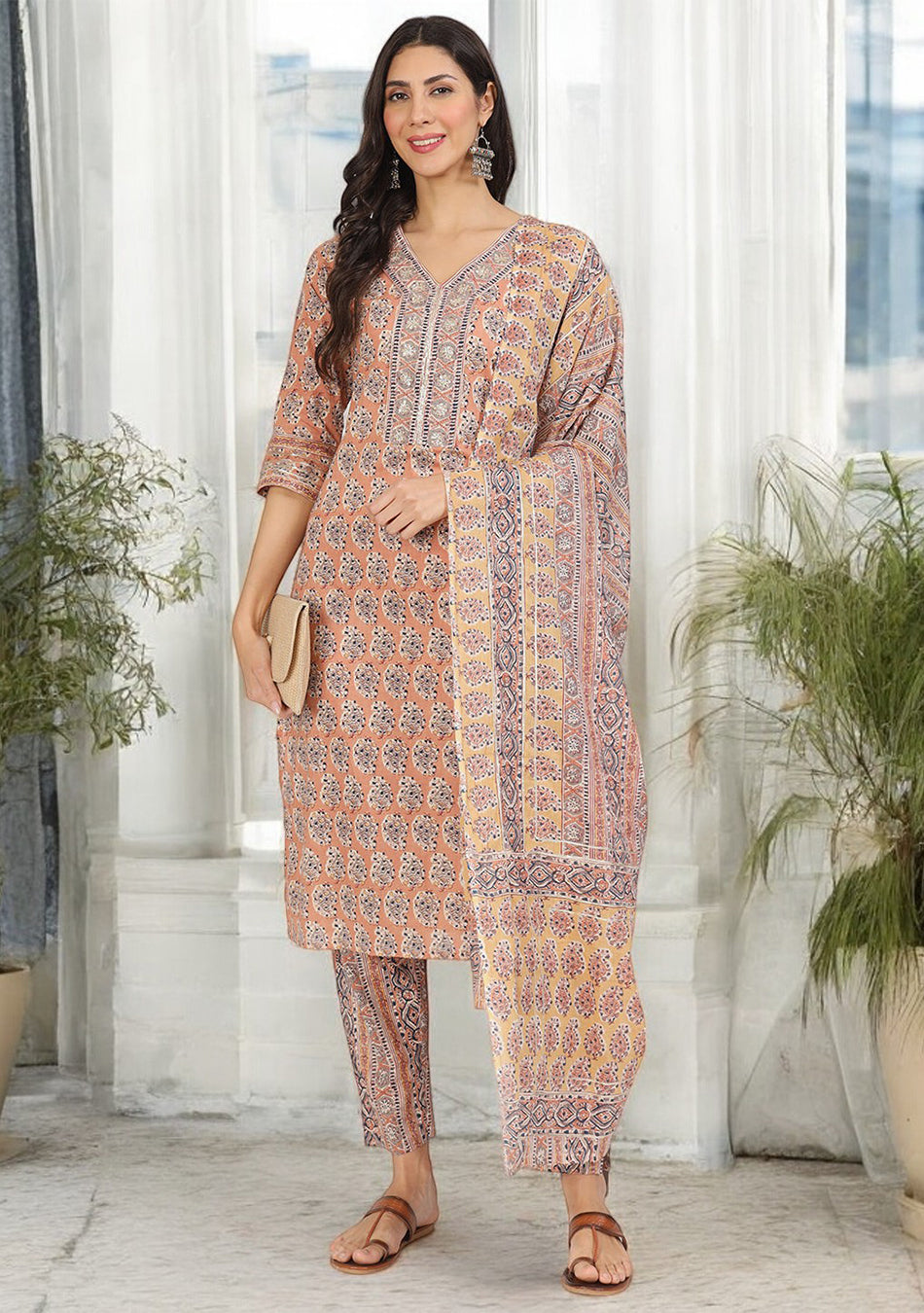 Brown Embroidered Cotton Kurta pants with Dupatta set