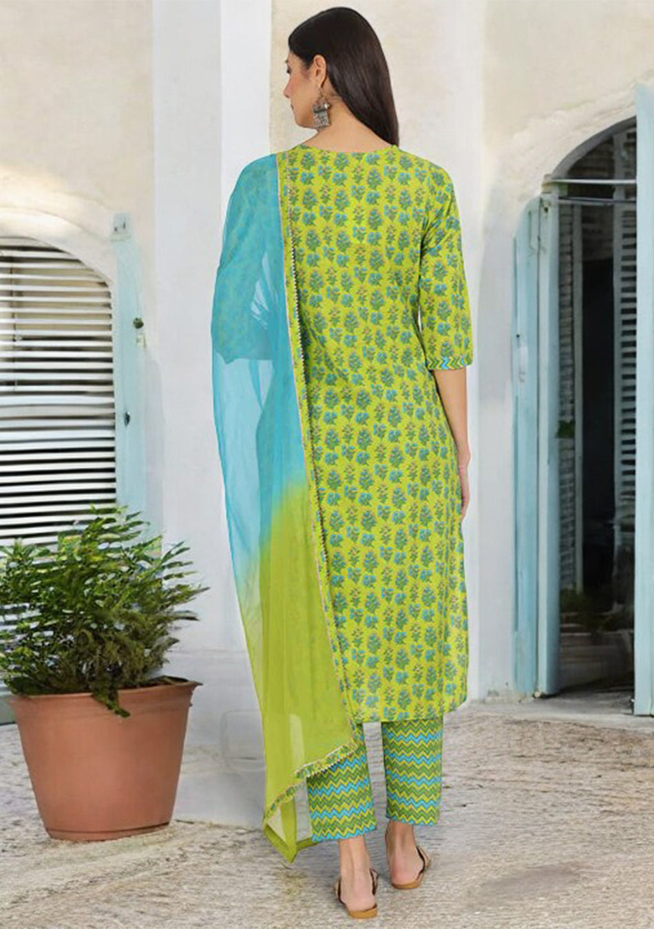 Green Floral Print Cotton Kurta Pants with Dupatta