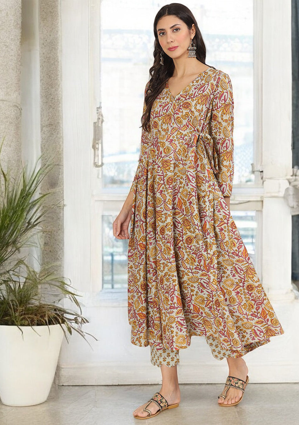 Brown Floral Print Cotton Angrakha Kurta Pants set