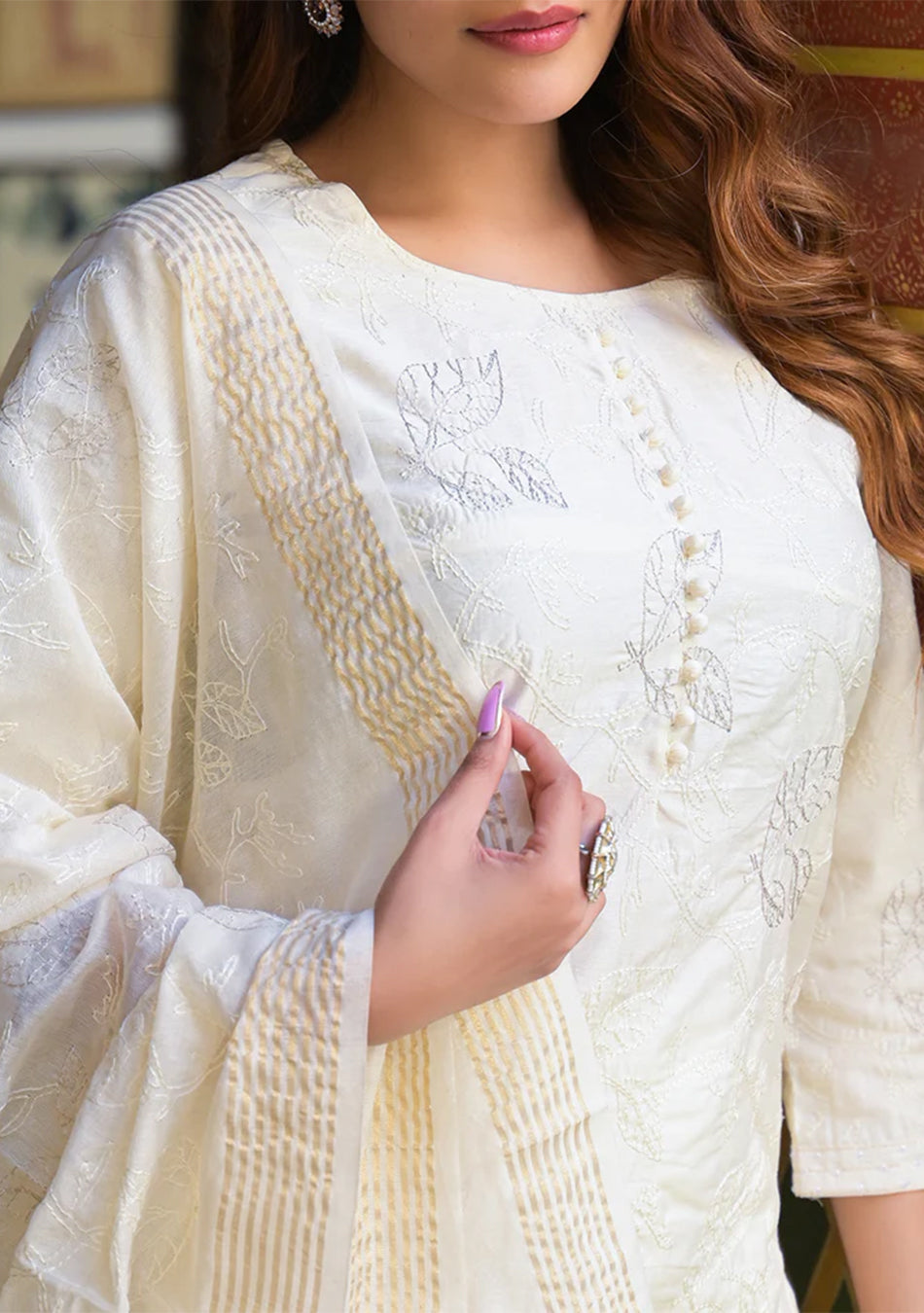Cream Solid Chanderi Silk kurta Pant With Dupatta