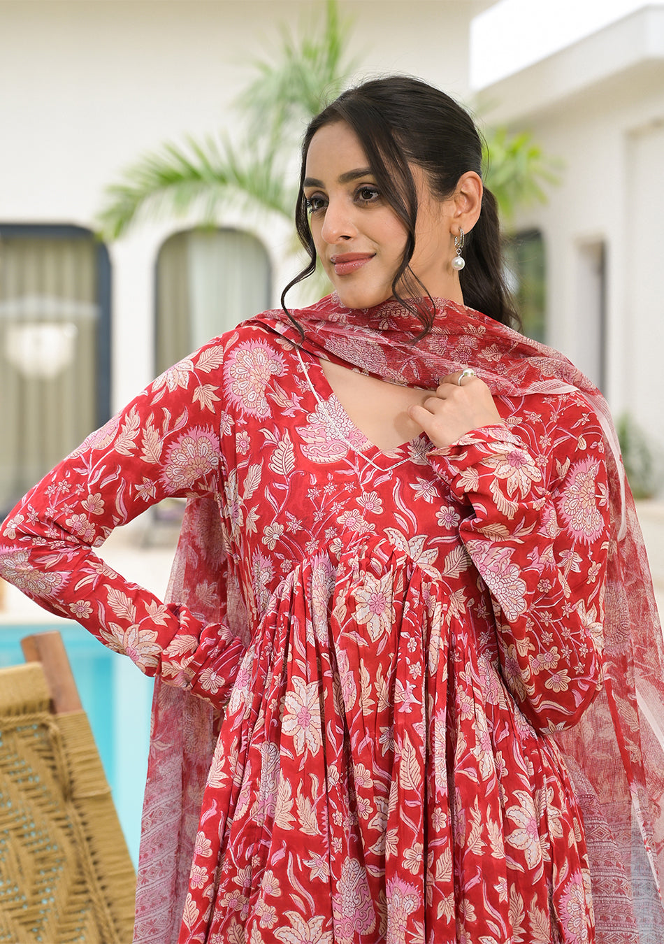 Floral Printed Red Cotton Alia Cut Kurta Set for women