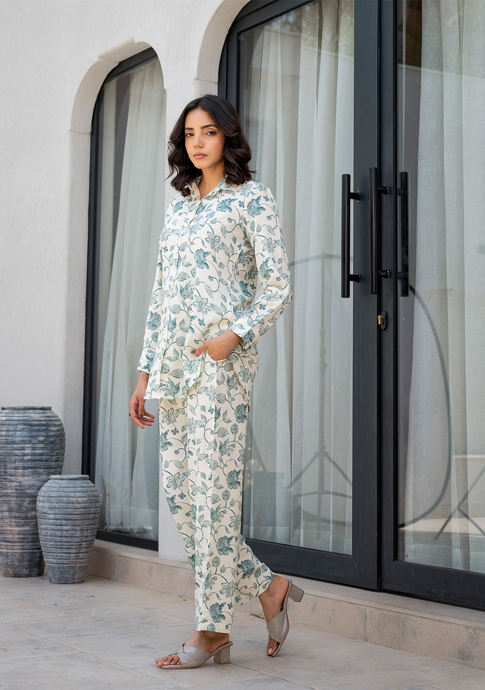 White & Green Floral Printed Rayon Co-ord Set