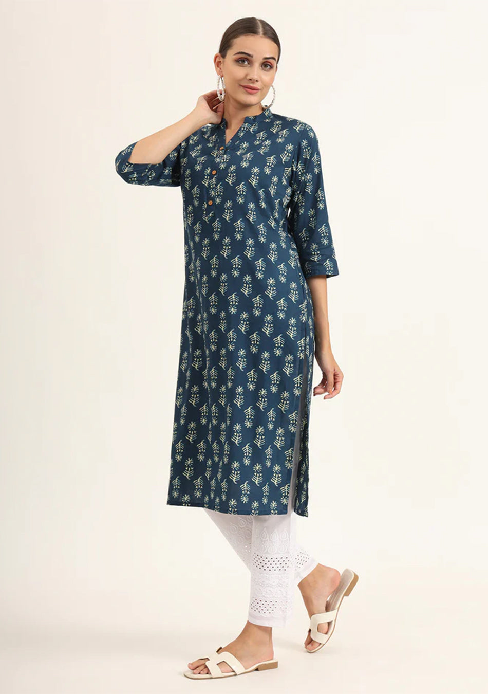 Blue Floral Print Pure Cotton Straight Kurta