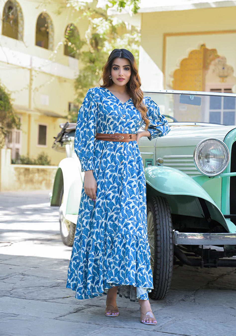 Blue Floral Print Rayon Fabric Flared Long Dress