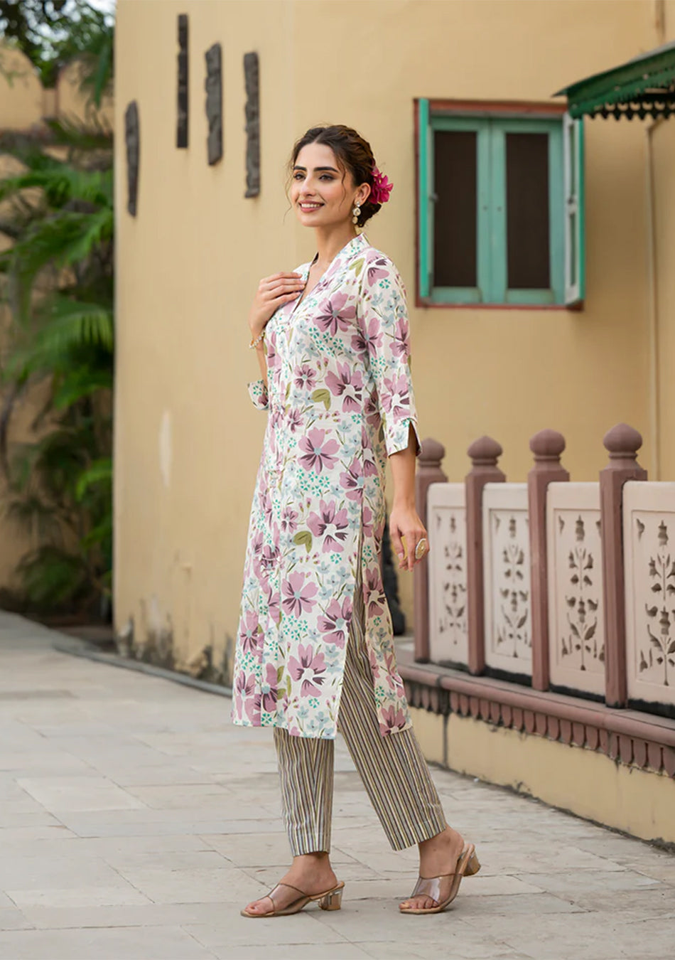 Lavender Floral Print Pure Cotton Straight Kurta with Trouser