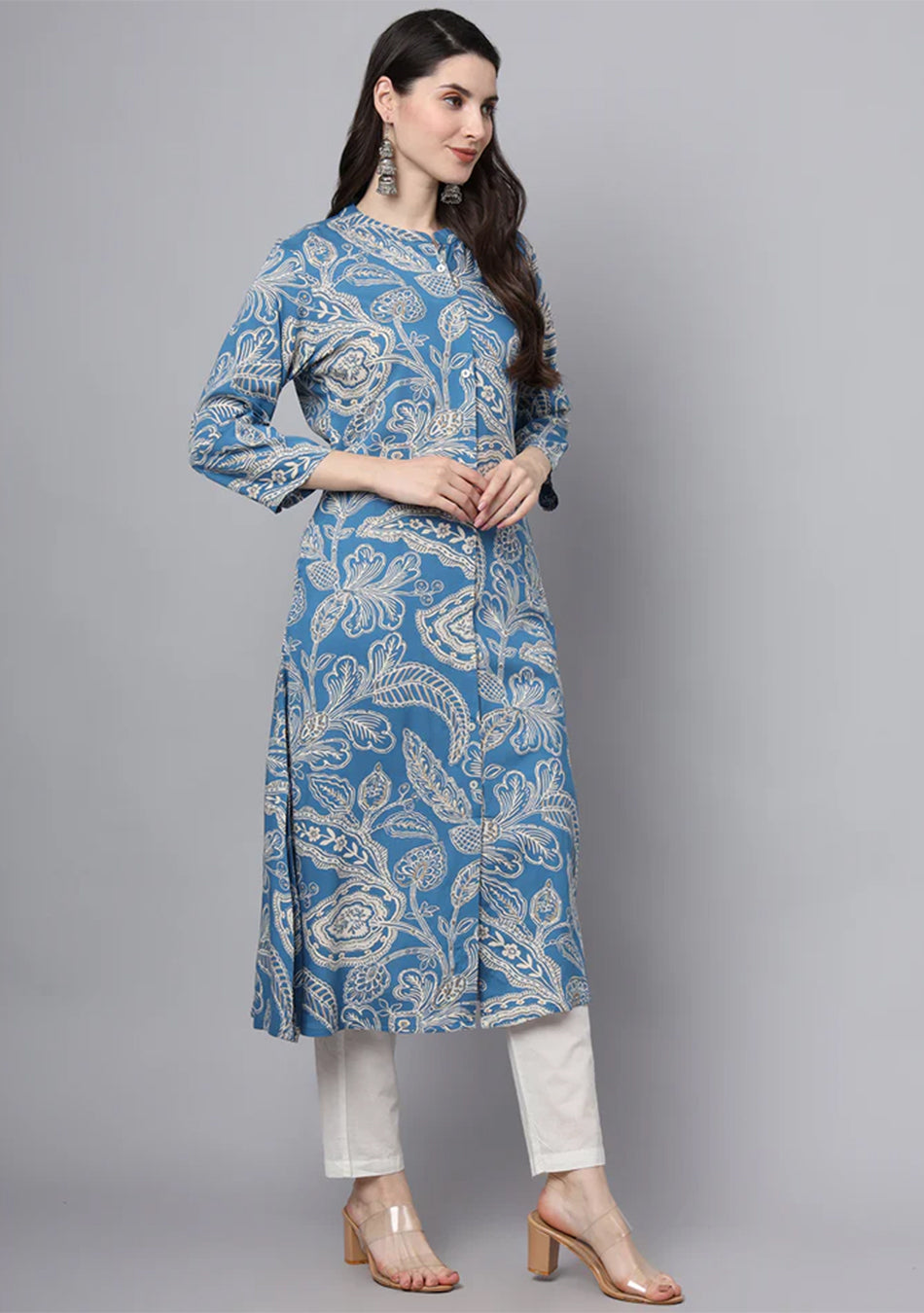 Blue Rayon Printed-A-Line Kurta