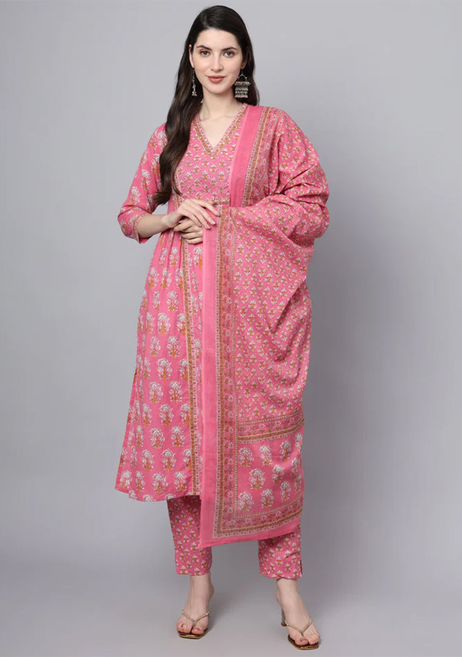Pink Cotton Printed Sequin Work Kurta Set