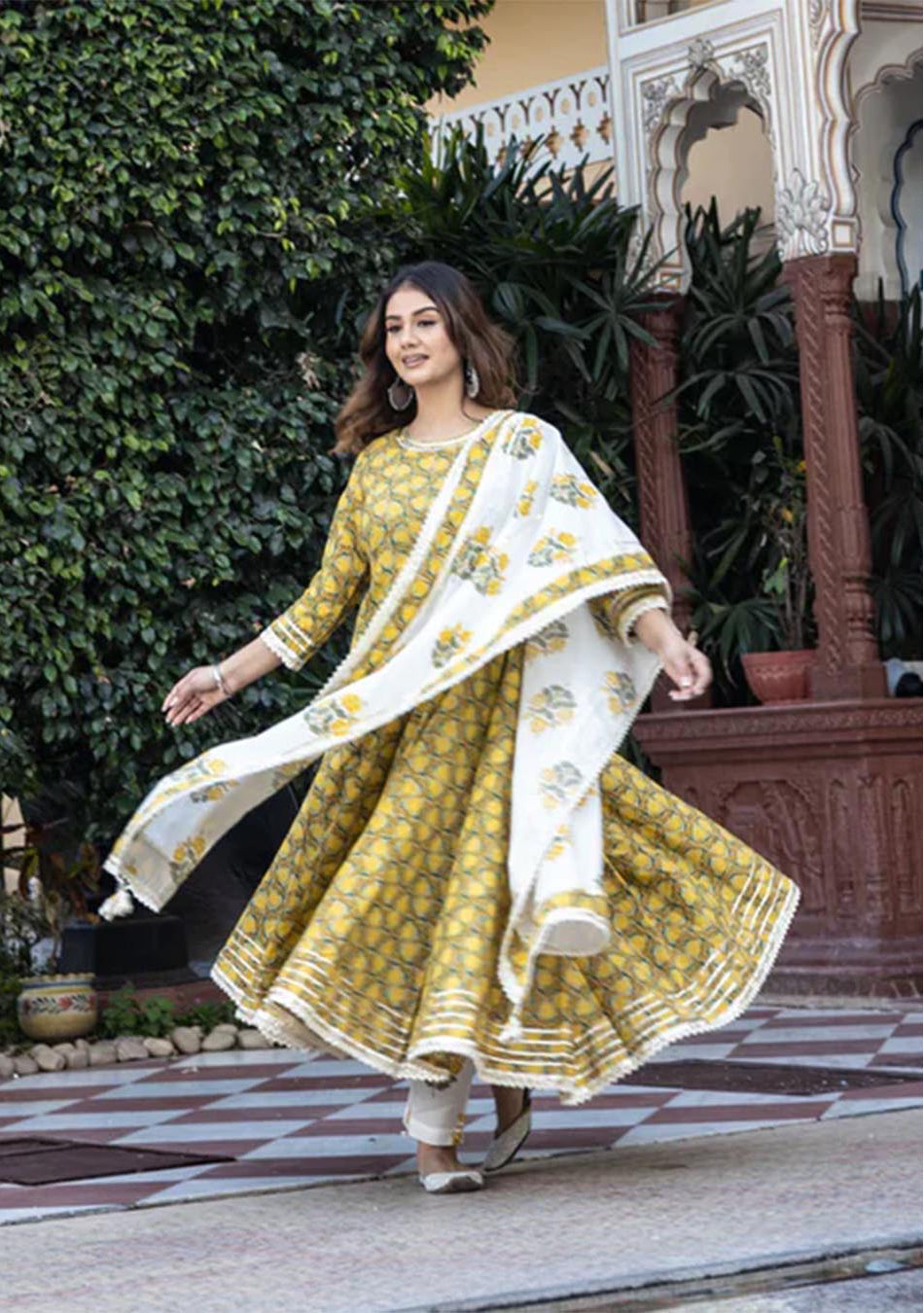 Mustard Cotton Anarkali Kurta Pant Set With Dupatta