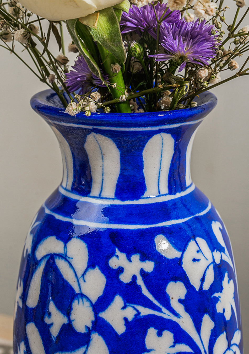 Blue Pottery White Floral Vase