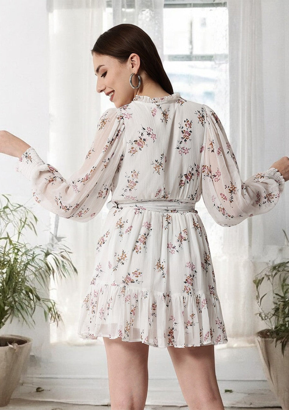 White Floral Ruffle Sleeve Dress