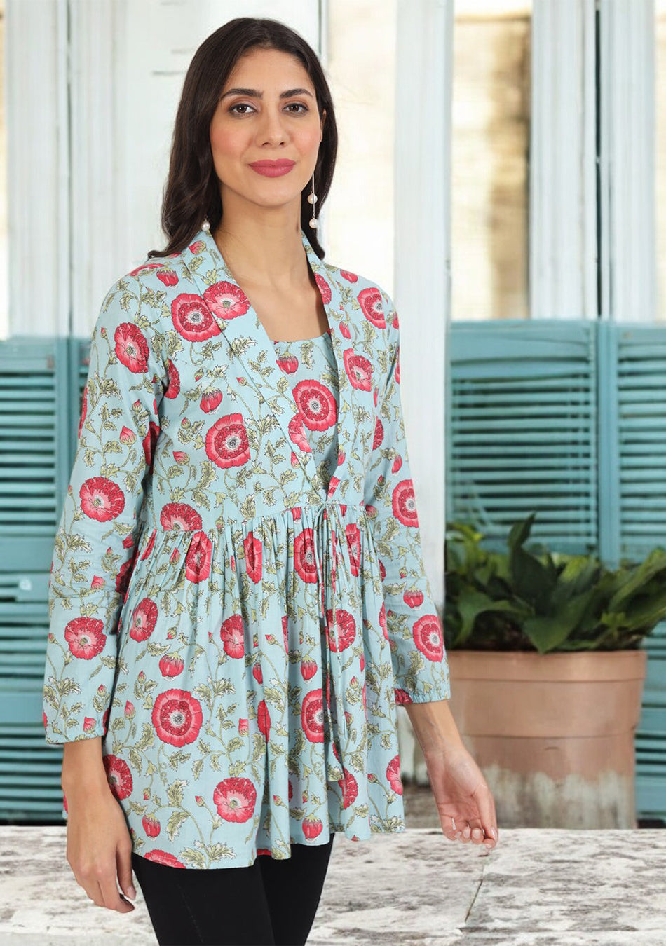 Sky Blue Floral Printed Cotton Top