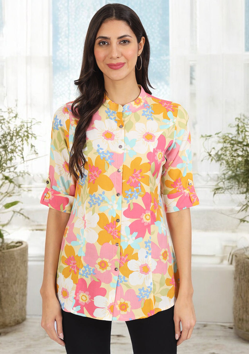 Yellow Floral Printed Fold Sleeve Rayon Top