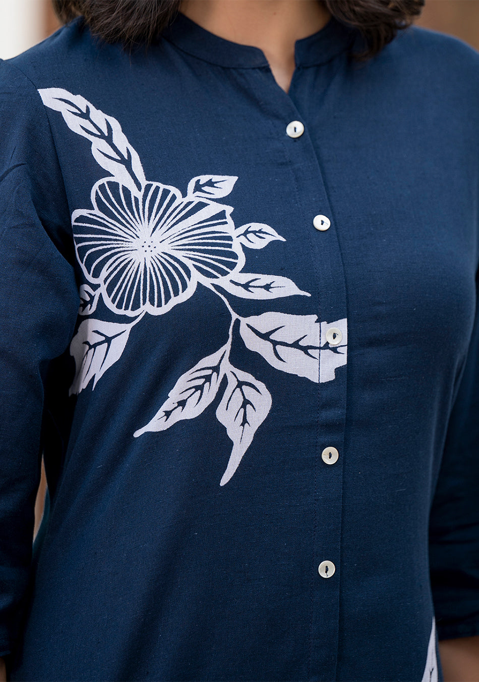 Navy Blue Floral Pattern Kurta Pant Set