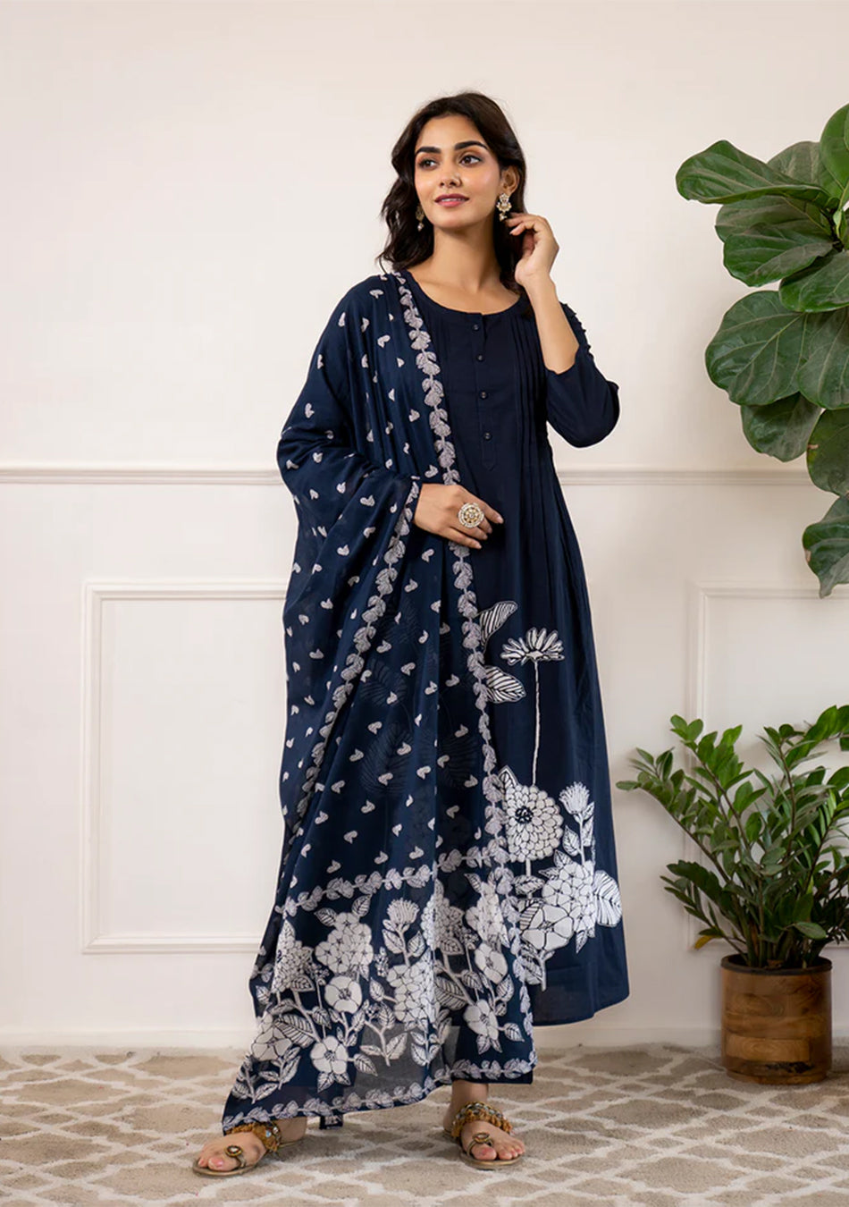 Navy Blue Printed A-Line Cotton Kurta Set