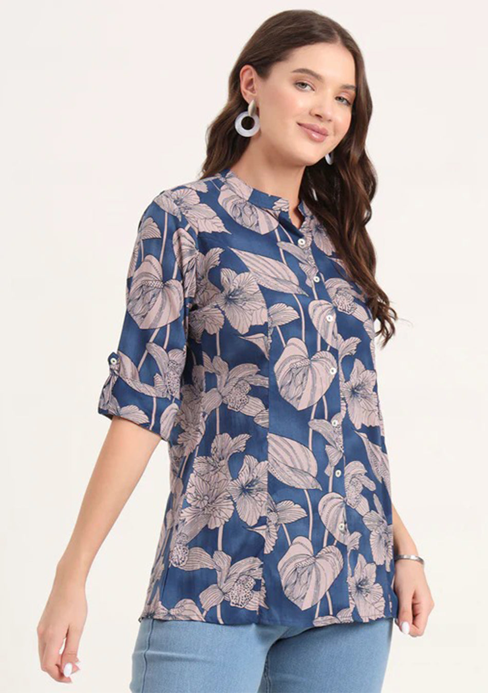 Navy Blue Rayon Rollup Sleeves A-Line Top