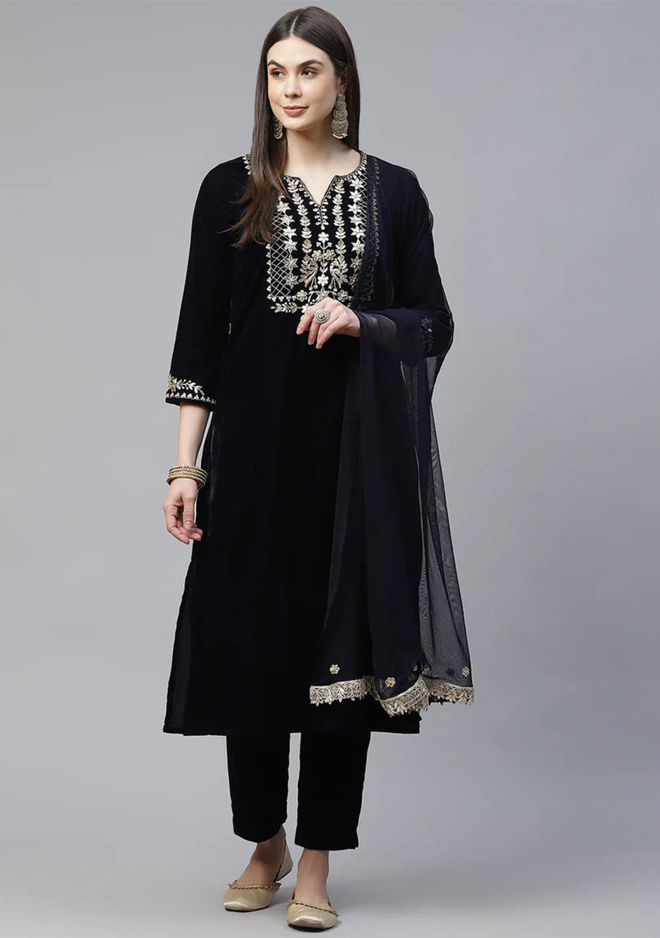 Royal Blue Velvet hand work Kurta pant With Net Dupatta set
