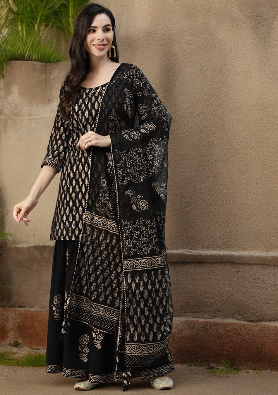 Black Cotton Kurta Sharara Set with Gold Print and Dupatta