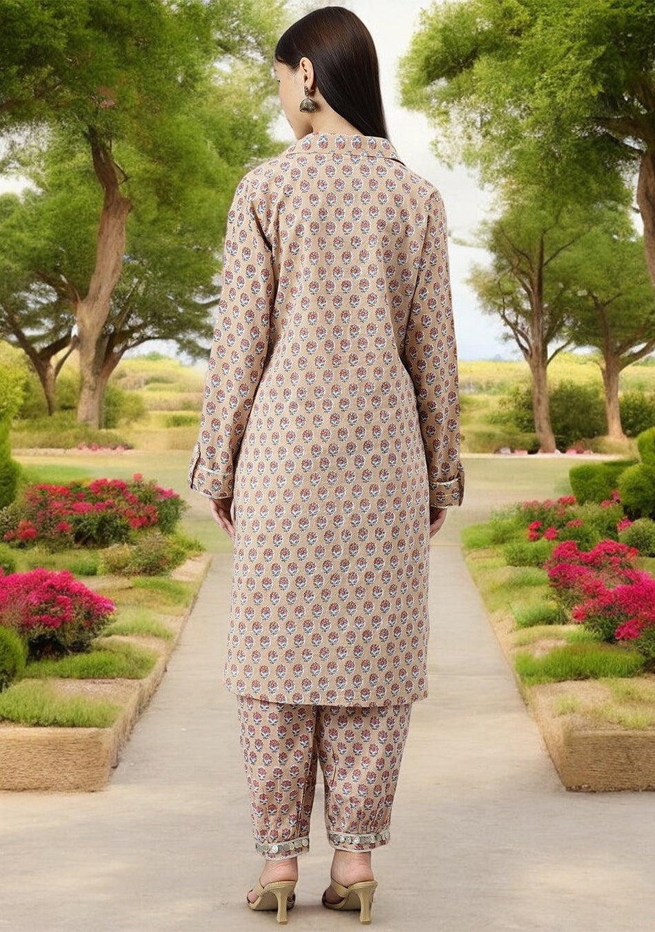 Beige Cotton Shirt Style Kurta Hem Cuffed Pant Co-ord Set