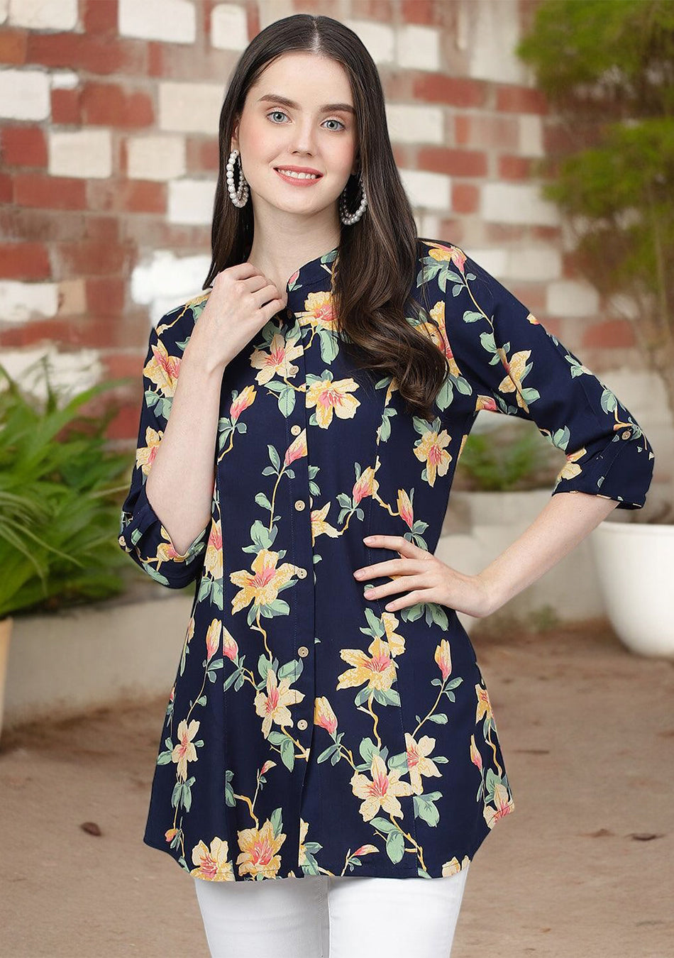Navy Blue Floral printed Rayon A-line Shirts Style Top