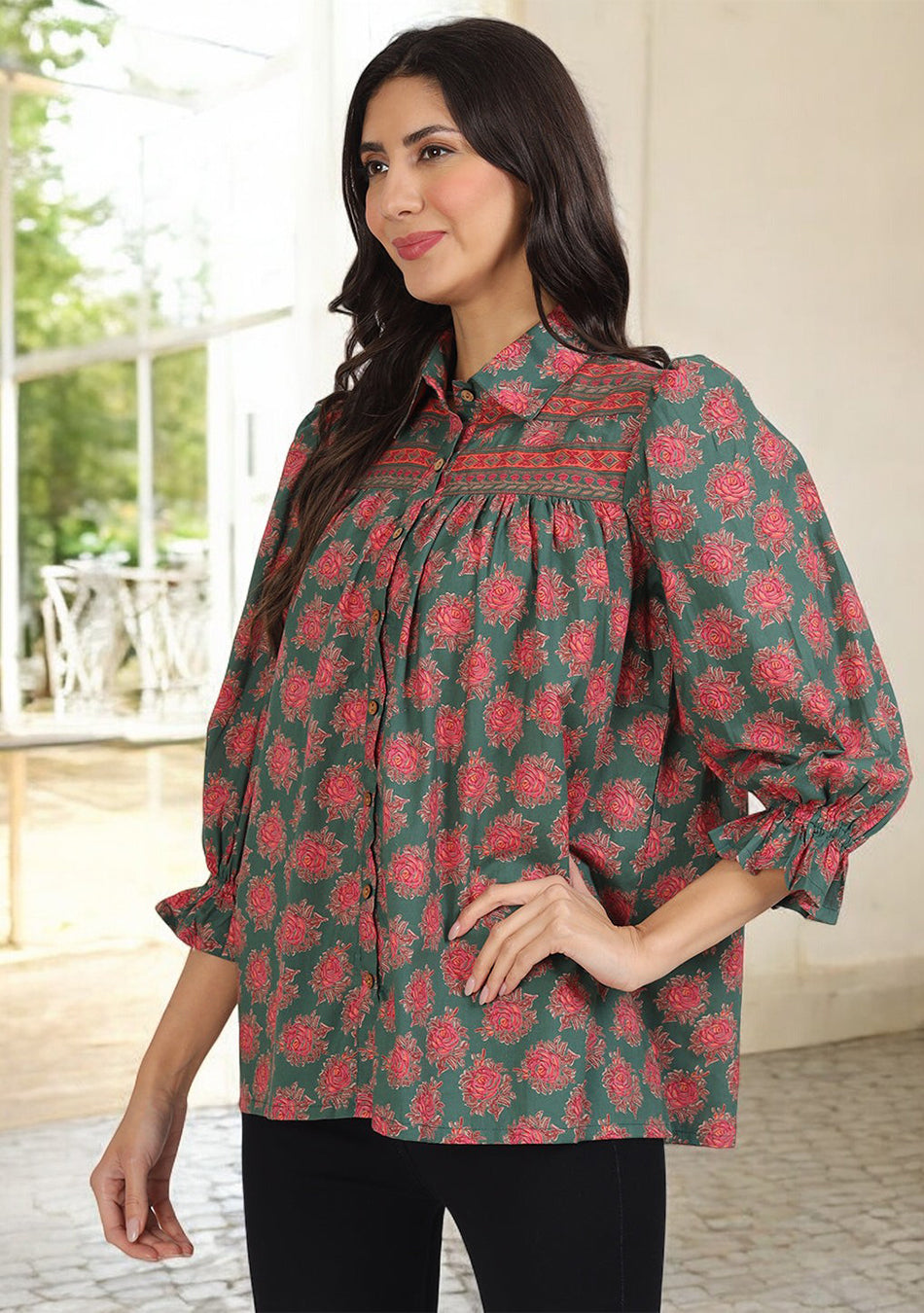 Green Cotton Peplum FitCollar Neck top for Women