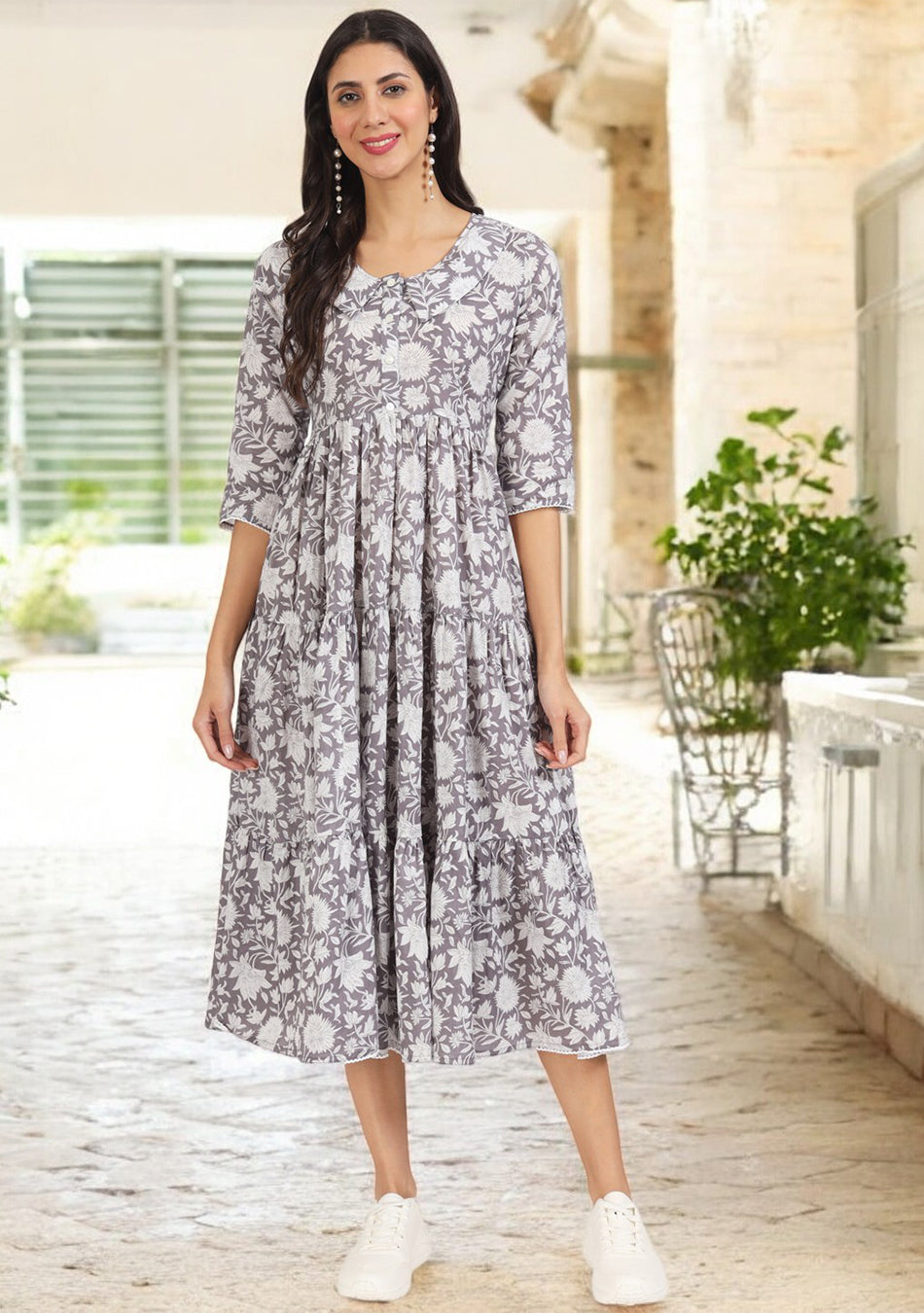 Grey Floral Printed Cotton Dress