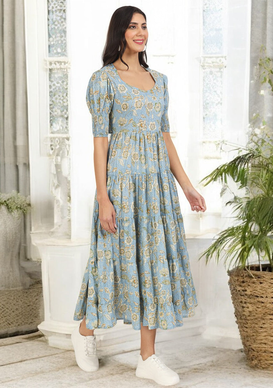 Sky Blue Floral Printed Calf length Dress