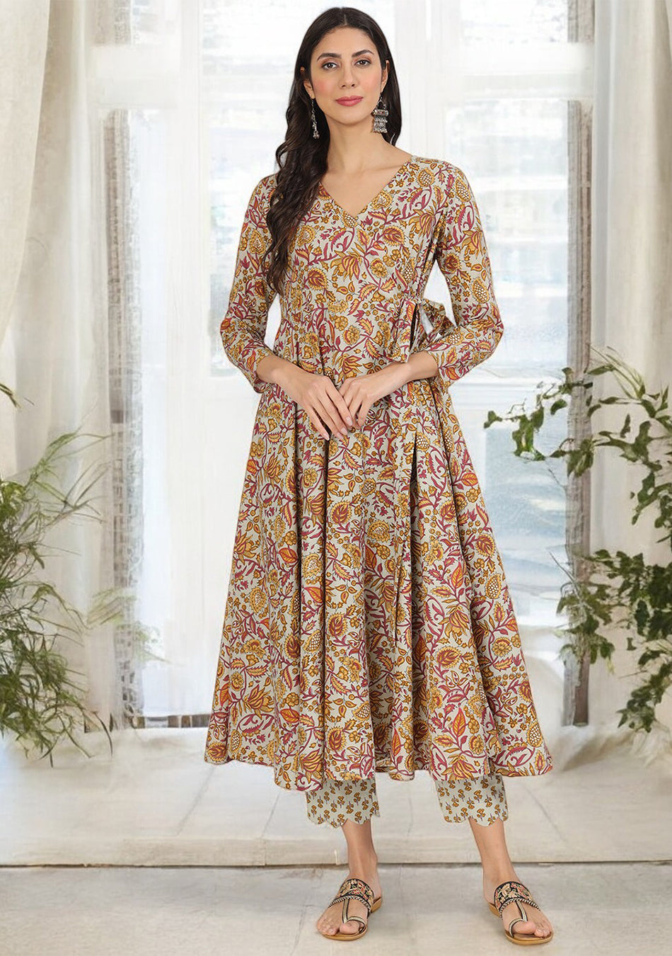 Brown Floral Print Cotton Angrakha Kurta Pants set