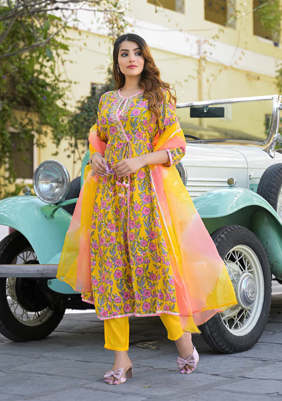 Yellow Floral Printed Muslin Kurta Pant with Dupatta