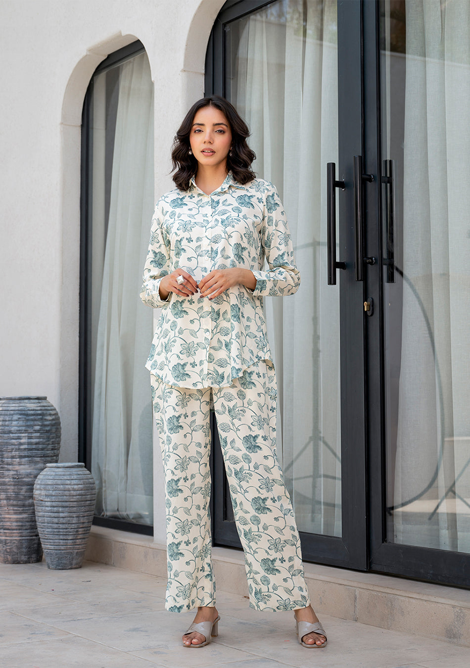White & Green Floral Printed Rayon Co-ord Set