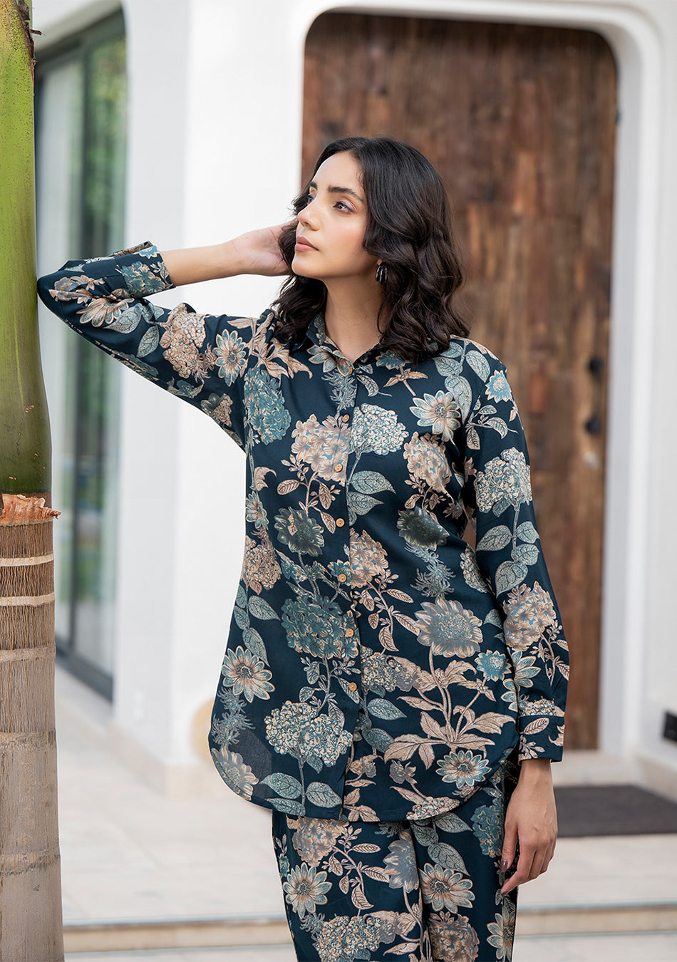 Bottle green Floral Printed Rayon Co-ord Set