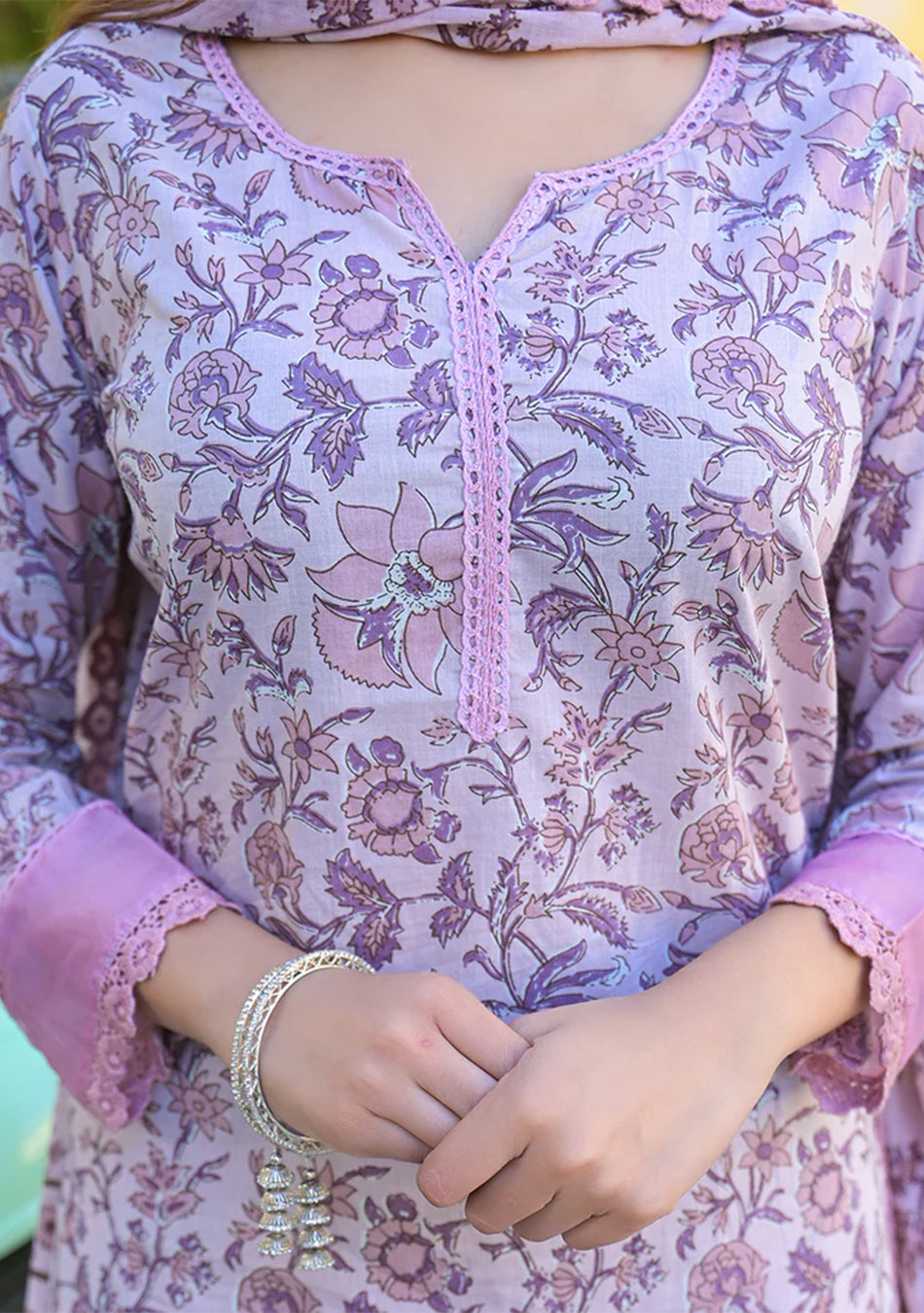 Light Purple Floral Printed kurta Pant with Dupatta