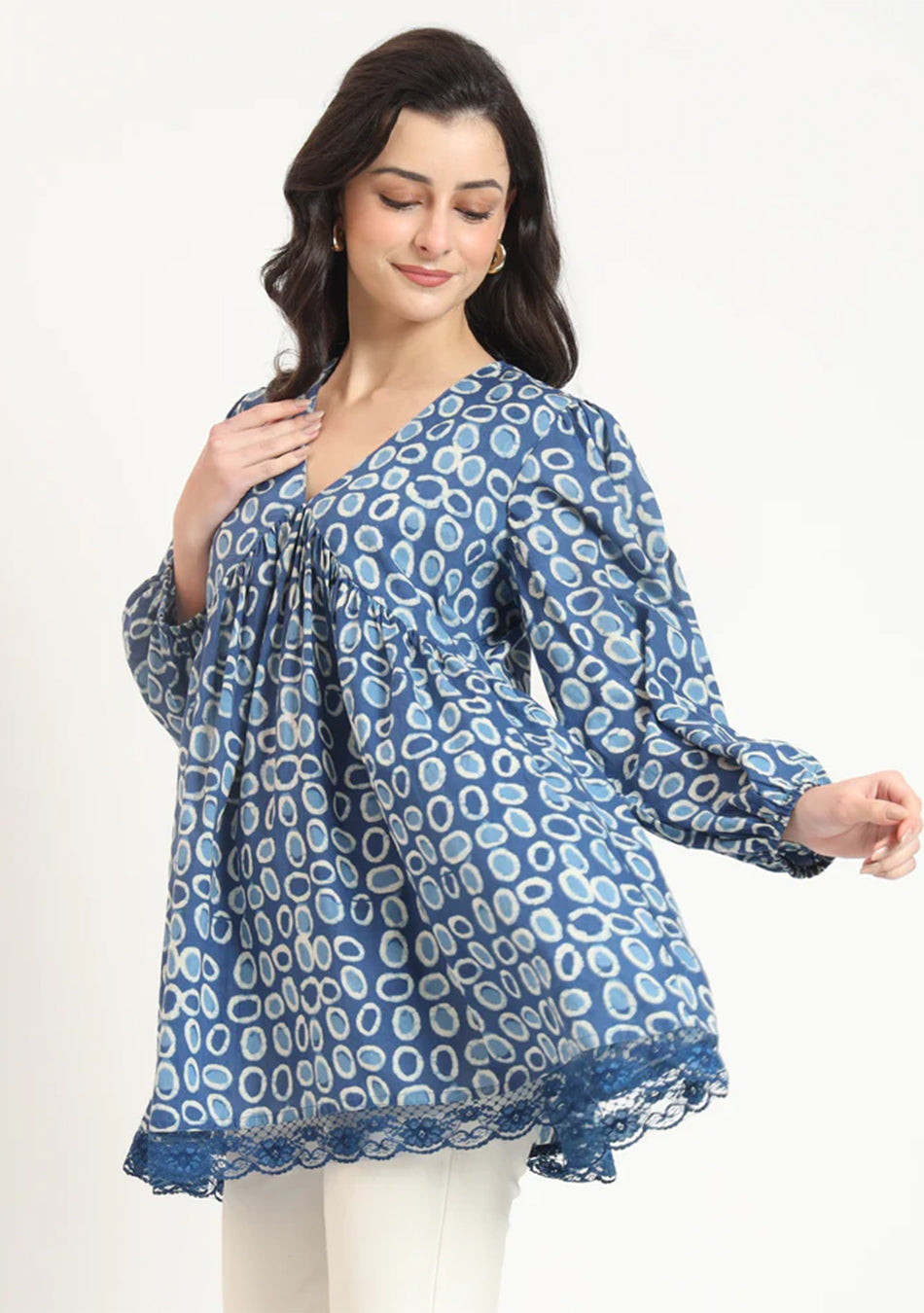 Blue Cotton V-Neck Top