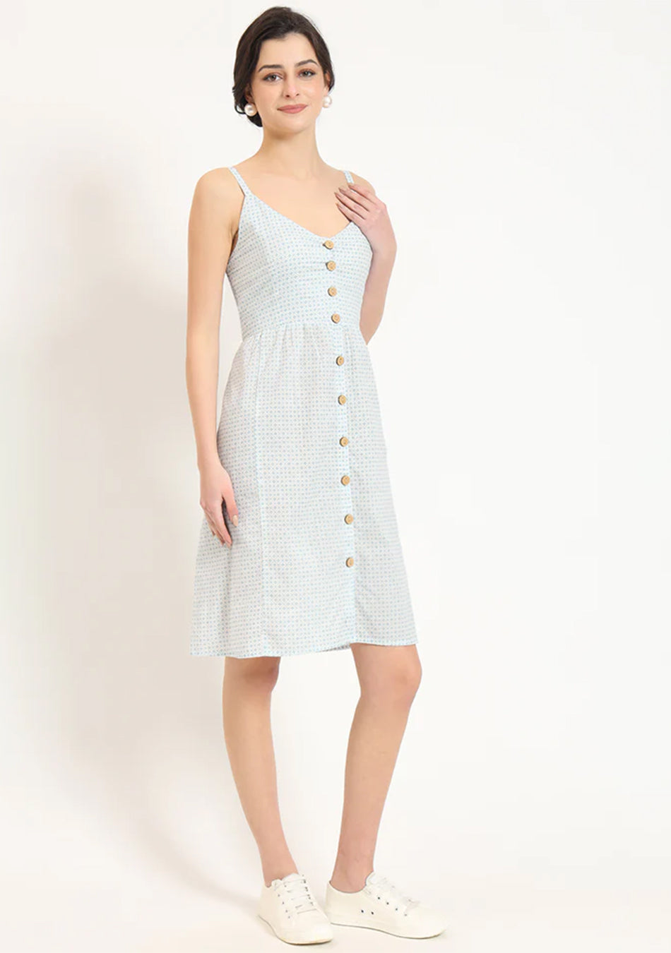 Blue Ethnic Motif Shoulder Strip Dress