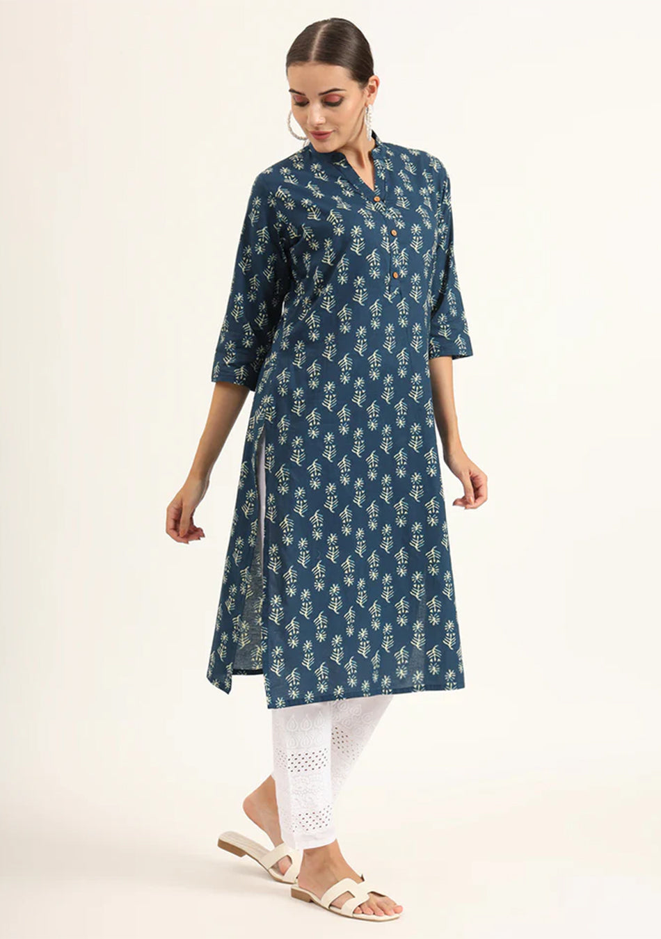 Blue Floral Print Pure Cotton Straight Kurta