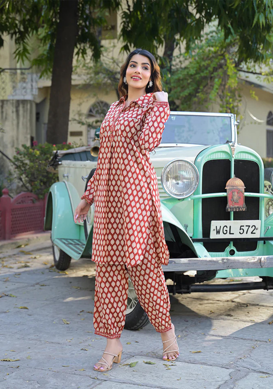 Red Ethnic Printed Cotton Fabric Shirt Kurta With Trouser